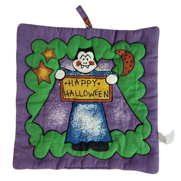 Halloween Pot Holder Purple 6.5" Friendly Vampire Bats Pumpkins Stars Vintage - Picture 1 of 6